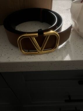 Valentino Brown Leather Belt with Gold V Logo Buckle